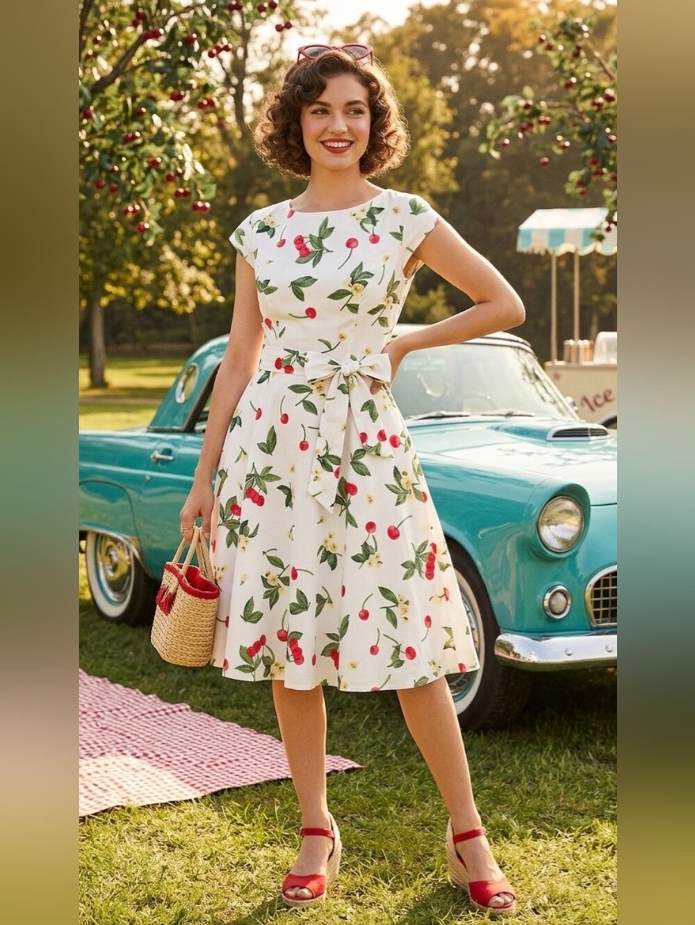 Dressystar Cherry Print Vintage A-Line Dress White Retro Size L w/Matching Belt